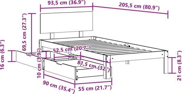 vidaXL Μεταλλική Ράμα Κρεβατιού με Συρτάρια, Λευκή, 90x200 cm, Μασίφ Πεύκο
