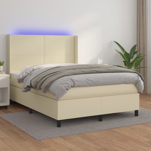 vidaXL Κρεβάτι Continental με LED, στρώμα, κρεμ, οικολογικό δέρμα 140x190cm