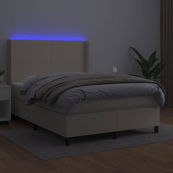vidaXL Κρεβάτι Continental με LED, στρώμα, κρεμ, οικολογικό δέρμα 140x190cm