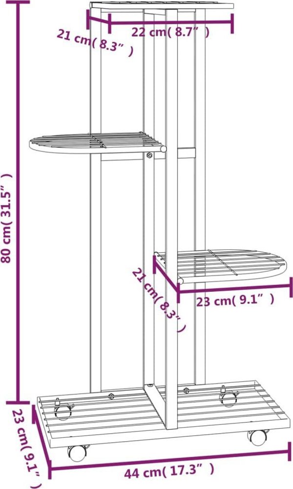 vidaXL Kwietnik με 4 ράφια και ροδάκια, 44x23x80 cm, μαύρο, σιδερένιο