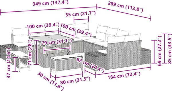 vidaXL Σετ Επίπλων Κήπου 13 Τεμαχίων, Καναπέδες με Μαξιλάρια, Πολυρατάν, Καφέ Χρώμα Ακκακία