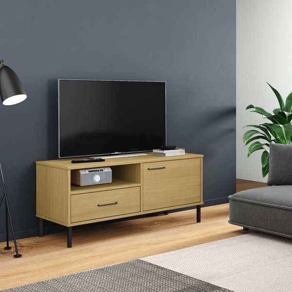 vidaXL Συρταριέρα TV OSLO από πεύκο με μεταλλικά πόδια, καφέ