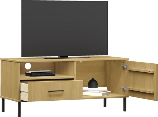 vidaXL Συρταριέρα TV OSLO από πεύκο με μεταλλικά πόδια, καφέ
