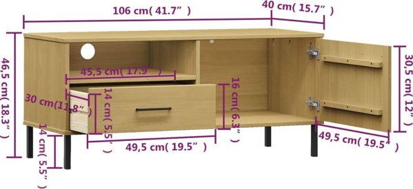 vidaXL Συρταριέρα TV OSLO από πεύκο με μεταλλικά πόδια, καφέ