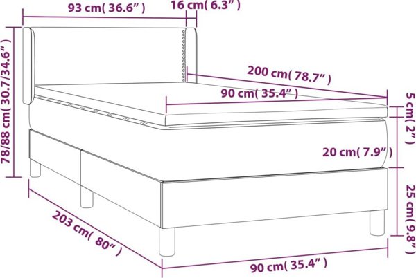 vidaXL Κρεβάτι Continental με Στρώμα, Taupe, Ύφασμα, 90x200 εκ.