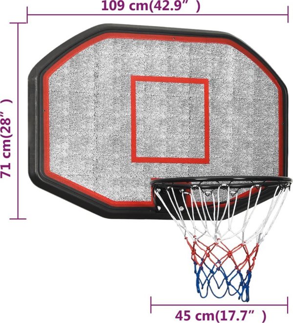 vidaXL Ταμπλό με στεφάνι μπάσκετ, μαύρο, 109x71x3 εκ, πολυαιθυλένιο