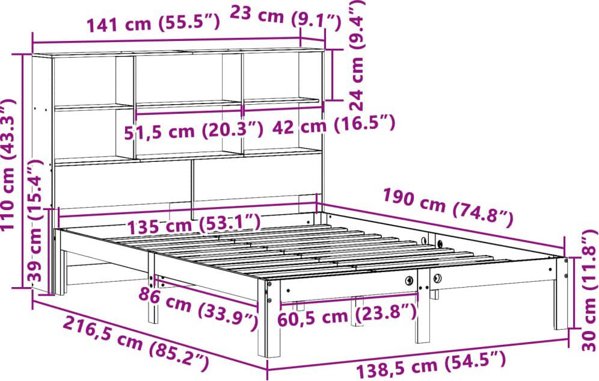 vidaXL Κρεβάτι με ράφι, χωρίς στρώμα, 135x190 εκ., πεύκο