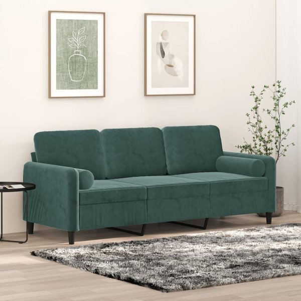 vidaXL 3-osobowa sofa z poduszkami, ciemnozielona, 180 cm, aksamit