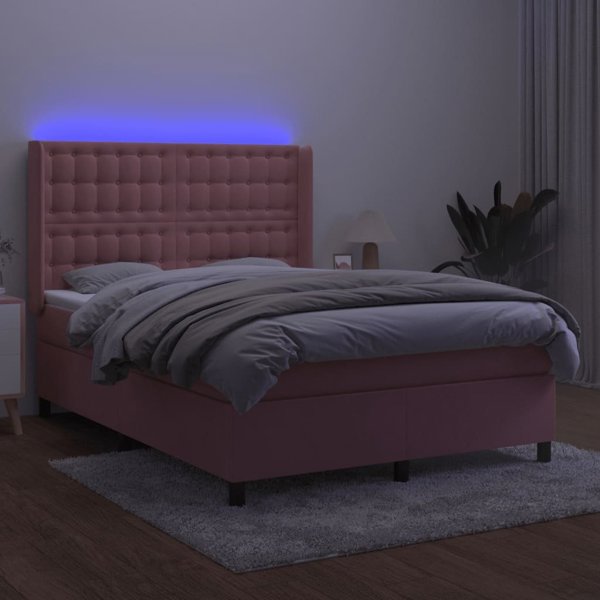 vidaXL Κρεβάτι continental με στρώμα και LED, ροζ βελούδο 140x190 cm