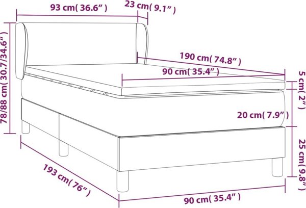 vidaXL Κρεβάτι Continental με στρώμα, ταμπά, ύφασμα, 90x190 cm