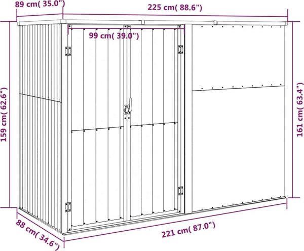 vidaXL vidaXL Szopa ogrodowa, szara, 225x89x161 cm, stal galwanizowana