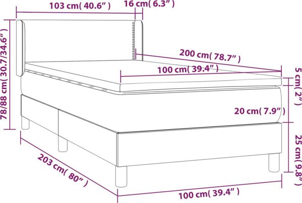 vidaXL Λευκό Κρεβάτι Kontynentalne με Στρώμα, δερματίνη 100x200 cm
