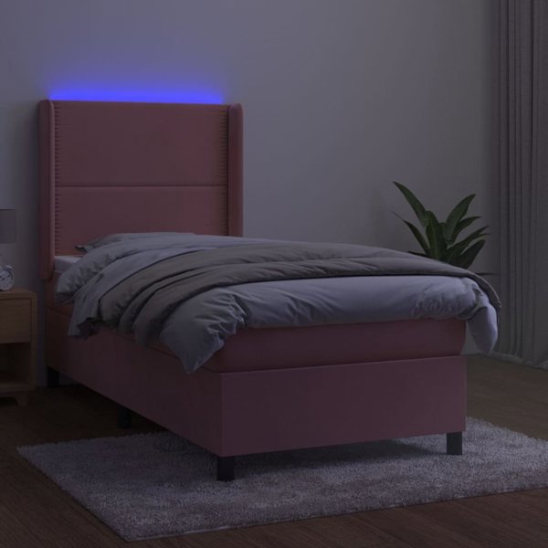 vidaXL Κοντινεντάλ κρεβάτι με στρώμα και LED, ροζ βελούδο, 100x200 cm