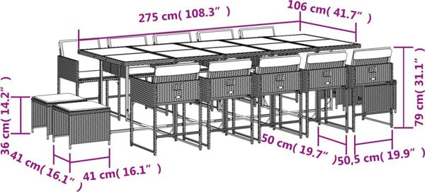 vidaXL 15-cz. zestaw mebli ogrodowych z poduszkami, czarny, rattan PE