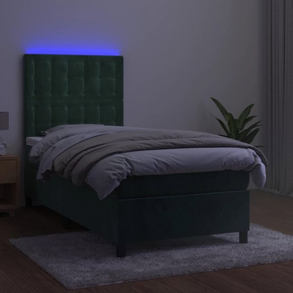 vidaXL Κρεβάτι Kontynentalne με Στρώμα και LED, πράσινο βελούδο, 90x190 cm