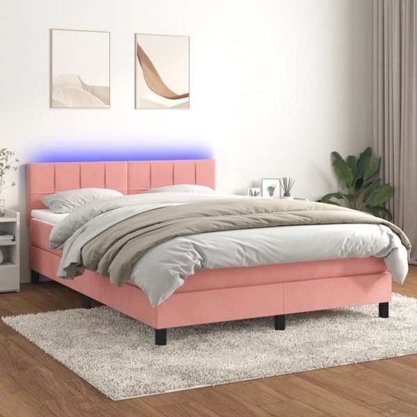 vidaXL Κρεβάτι κοντινεντάλ με στρώμα και LED, ροζ βελούδο, 140x200 εκ