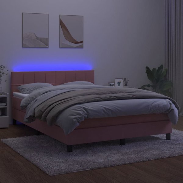 vidaXL Κρεβάτι κοντινεντάλ με στρώμα και LED, ροζ βελούδο, 140x200 εκ