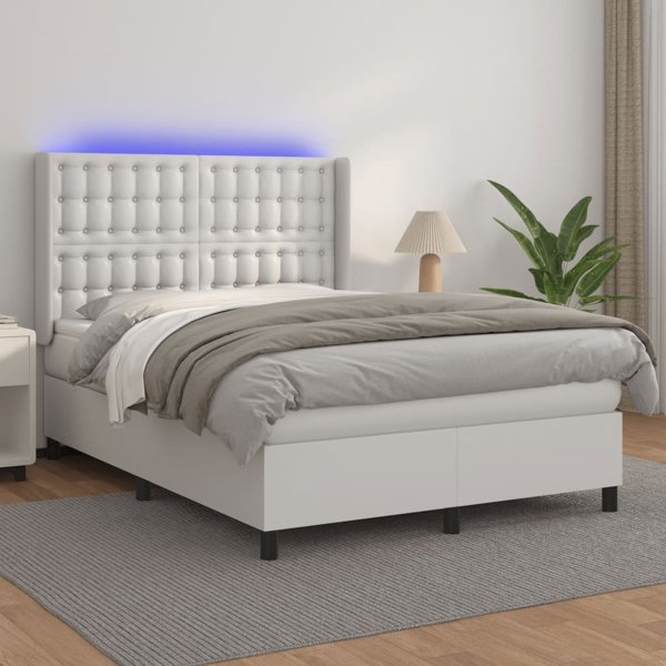 vidaXL Κρεβάτι Κοντινεντάλ με Στρώμα και LED, Λευκό Συνθετικό Δέρμα 140x190 cm