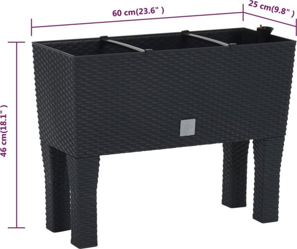 vidaXL Ανυψωμένη ζαρντινιέρα, ανθρακί, 60x25x46 cm, rattan PP