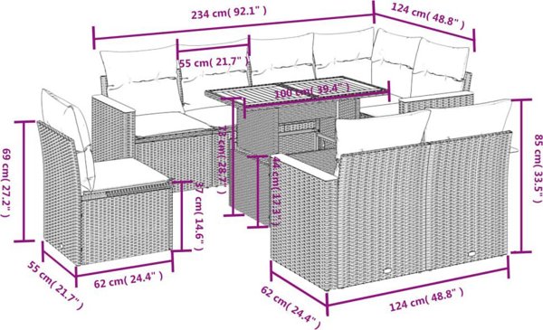 vidaXL Σετ 9 τεμαχίων επίπλων κήπου με μαξιλάρια, μπεζ, πολυρατάν