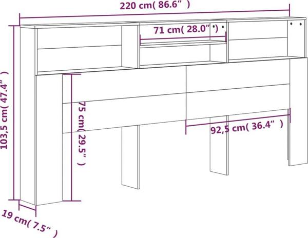 vidaXL Κεφαλάρι κρεβατιού με ράφια, μαύρο, 220x19x103,5 cm