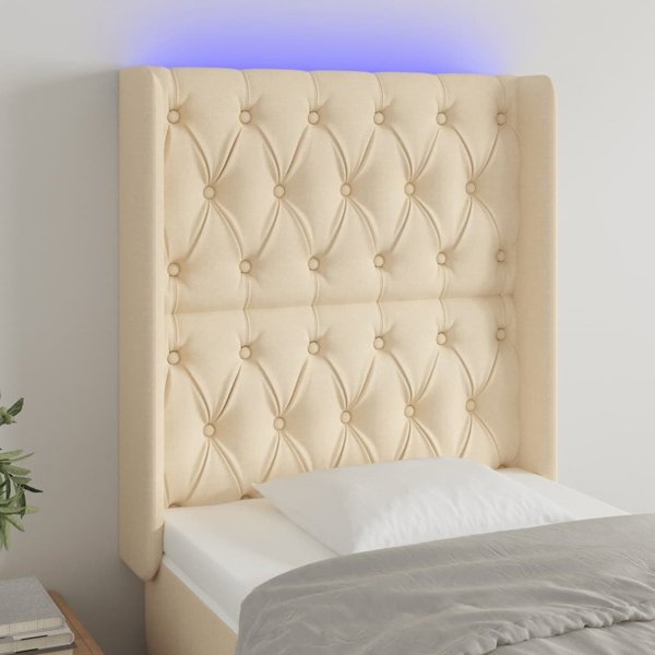 vidaXL Zaglowek do lozka z LED, kremowy, 83x16x118/128 cm, tkanina