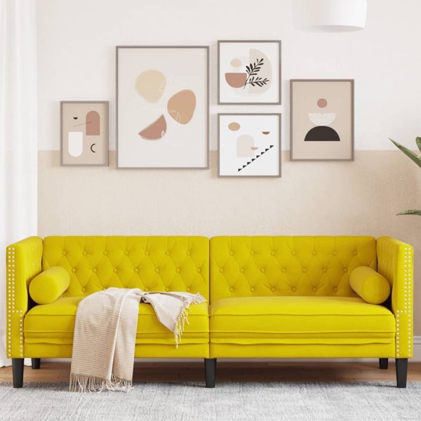 vidaXL Τριθέσιος καναπές Chesterfield με ρολά, κίτρινος, βελούδινος