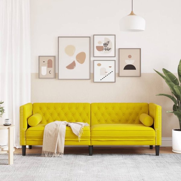 vidaXL Τριθέσιος καναπές Chesterfield με ρολά, κίτρινος, βελούδινος