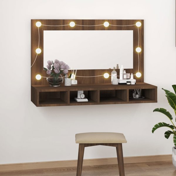 vidaXL Ντουλάπι με καθρέφτη και LED, καφέ δρυς, 90x31,5x62 cm