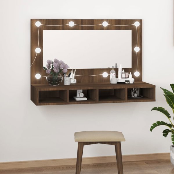 vidaXL Ντουλάπι με καθρέφτη και LED, καφέ δρυς, 90x31,5x62 cm