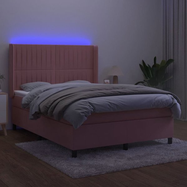 vidaXL Lozko kontynentalne z materacem i LED, różowy aksamit, 140x200 cm