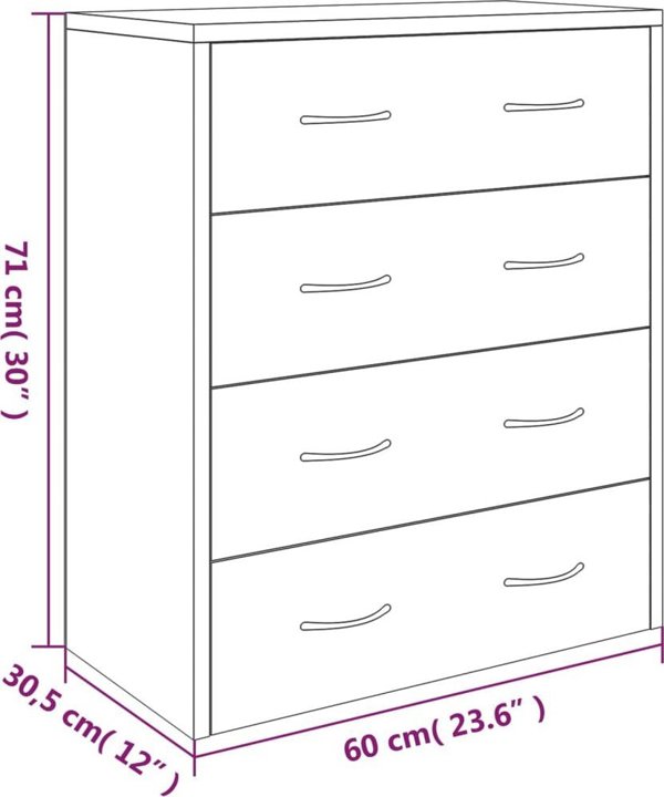 vidaXL Komoda z 4 szufladami 60x30,5x71 cm szary dab sonoma