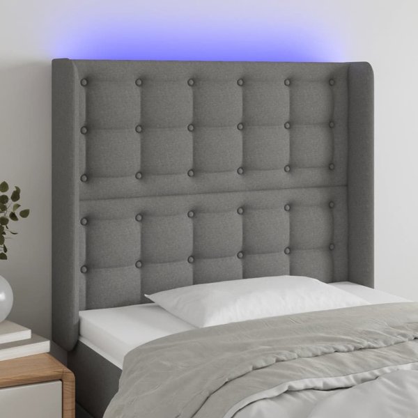 vidaXL Κεφαλάρι κρεβατιού με LED σε σκούρο γκρι ύφασμα 83x16x118/128 εκ.