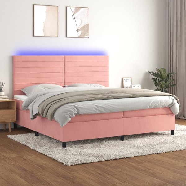 vidaXL Λάκμα κρεβάτι κοντινεντάλ με στρώμα και LED, ροζ βελούδο 200x200 εκ
