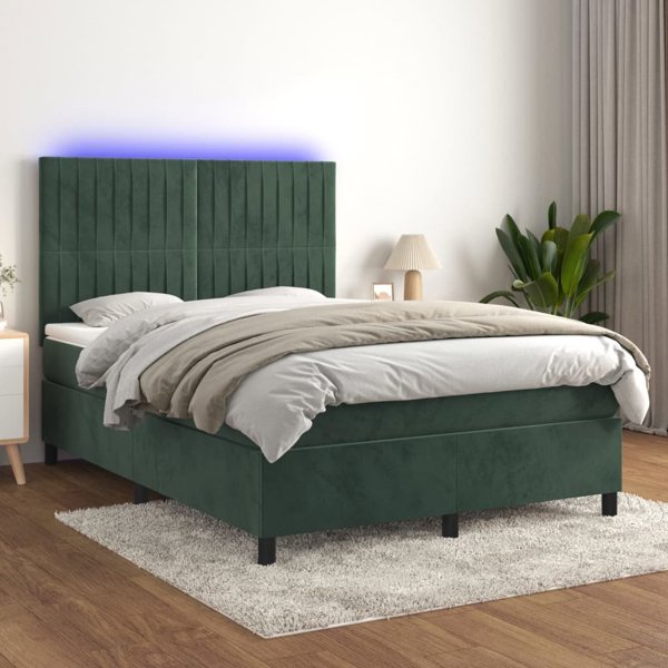 vidaXL Κρεβάτι Κοντινεντάλ με Στρώμα και LED, Πράσινο Βελούδο 140x190 cm