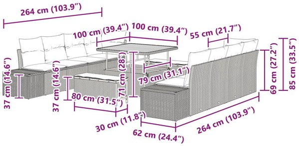 vidaXL Σετ Καναπέ Κήπου 11 Τεμαχίων με Μαξιλάρια Μπεζ Πολυρατάν Ακακία, Διθέσιος Καναπές και Σετ Τραπεζαρίας 3 Τεμαχίων