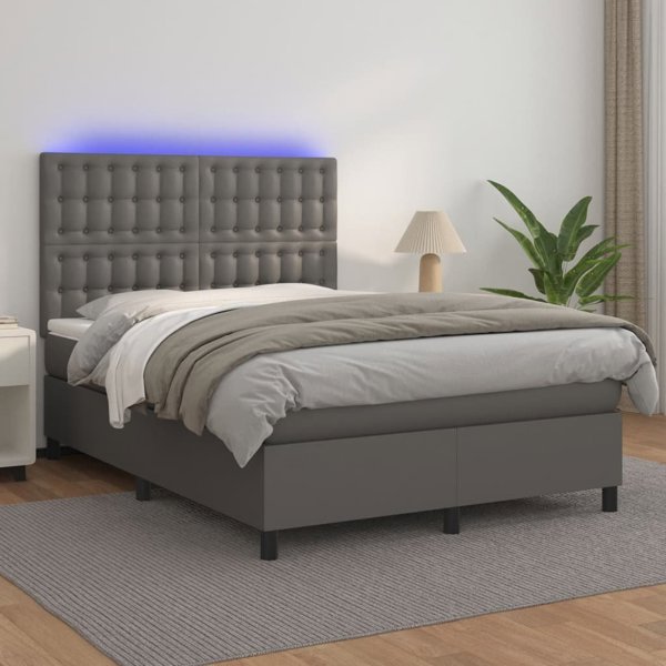 vidaXL Lodzko kontynentalne z materacem i LED szara ekoskora 140x200cm