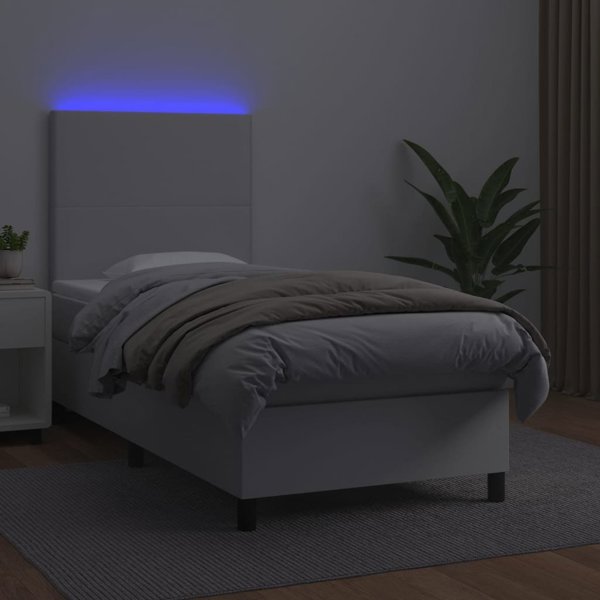 vidaXL Κρεβάτι κοντινεντάλ με στρώμα και LED, λευκό οικολογικό δέρμα, 90x200 εκ.