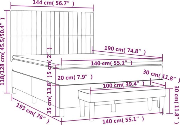 vidaXL Λουξ Κρεβάτι Κοντινεντάλ με Στρώμα, Ανοιχτό Γκρι, Βελούδο, 140x190 εκ.