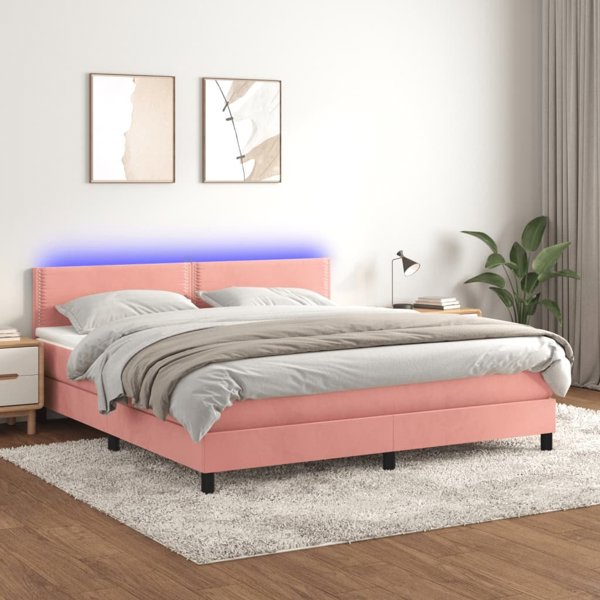 vidaXL Lozko kontynentalne z materacem i LED, rozowy aksamit 180x200cm