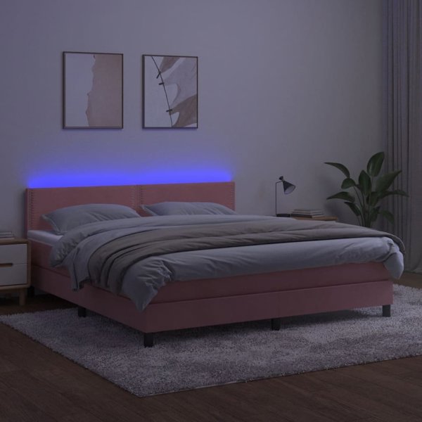 vidaXL Lozko kontynentalne z materacem i LED, rozowy aksamit 180x200cm