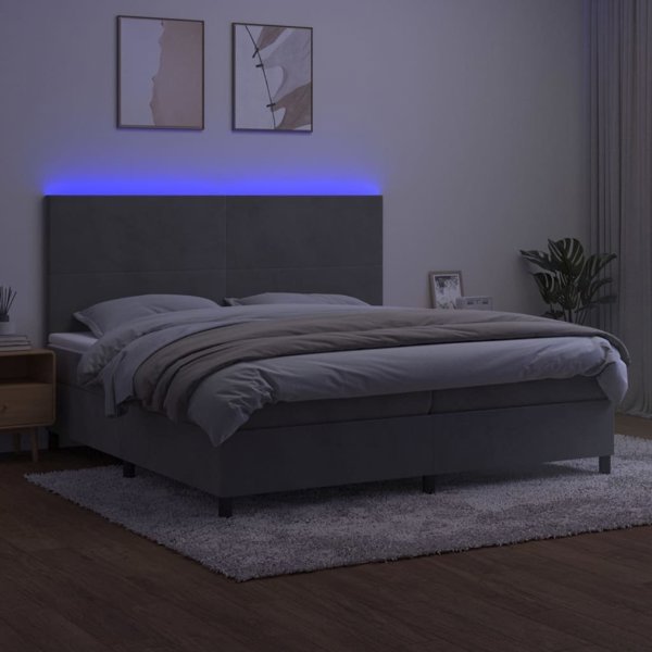 vidaXL Lozko kontynentalne z materacem i LED, szare 200x200cm, aksamit