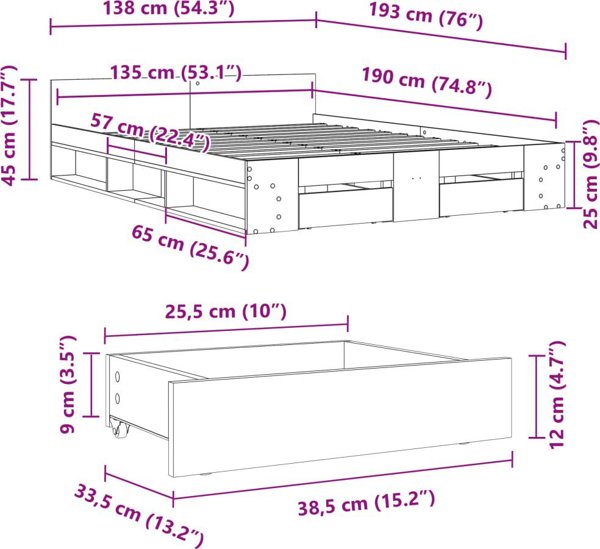 vidaXL Λευκό πλαίσιο κρεβατιού με συρτάρια, 135x190 cm