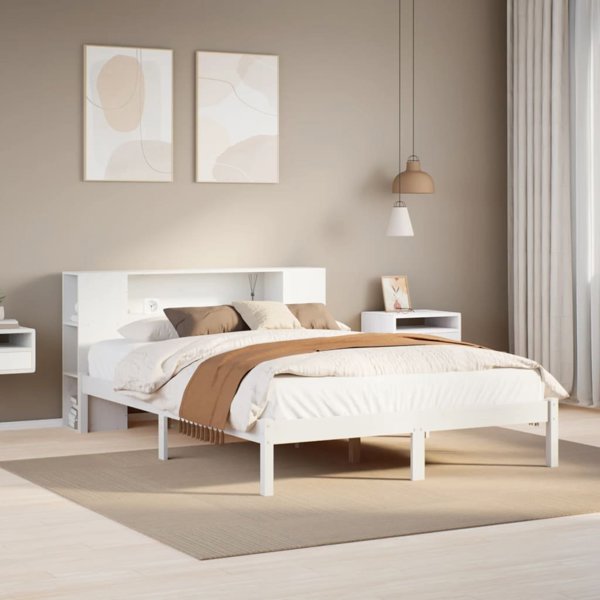 vidaXL Κρεβάτι με ράφι 160x200 cm λευκό από πεύκο χωρίς στρώμα