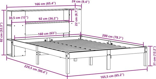 vidaXL Κρεβάτι με ράφι 160x200 cm λευκό από πεύκο χωρίς στρώμα