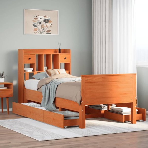 vidaXL Κρεβάτι με Ράφι 75x190 cm Καστανομέλι Πεύκου χωρίς Στρώμα