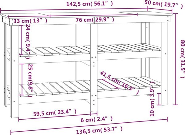 vidaXL Τραπεζάκι εργασίας, λευκό, 142,5x50x80 cm, μασίφ ξύλο πεύκου