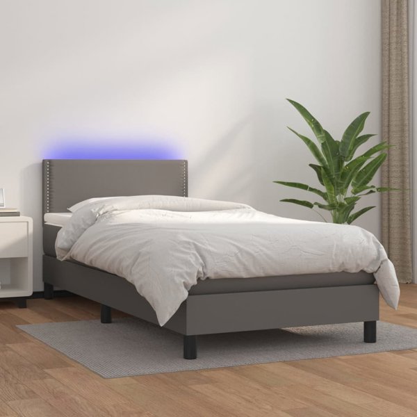 vidaXL Κρεβάτι κοντινεντάλ με στρώμα και LED, γκρι οικολογικό δέρμα, 80x200 cm