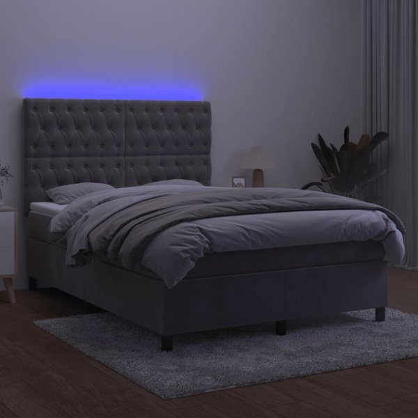vidaXL Κρεβάτι Κοντινεντάλ με στρώμα και LED, γκρι, 140x200 cm, βελούδο