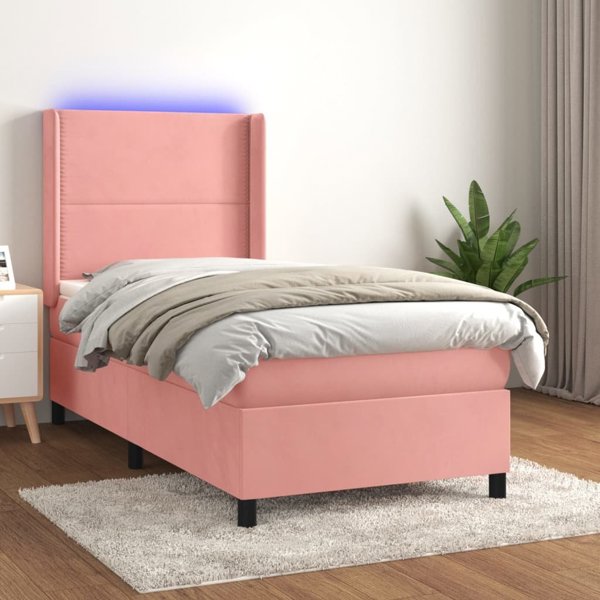 vidaXL Κρεβάτι κοντινό με στρώμα και LED, ροζ βελούδο 90x200 εκ.